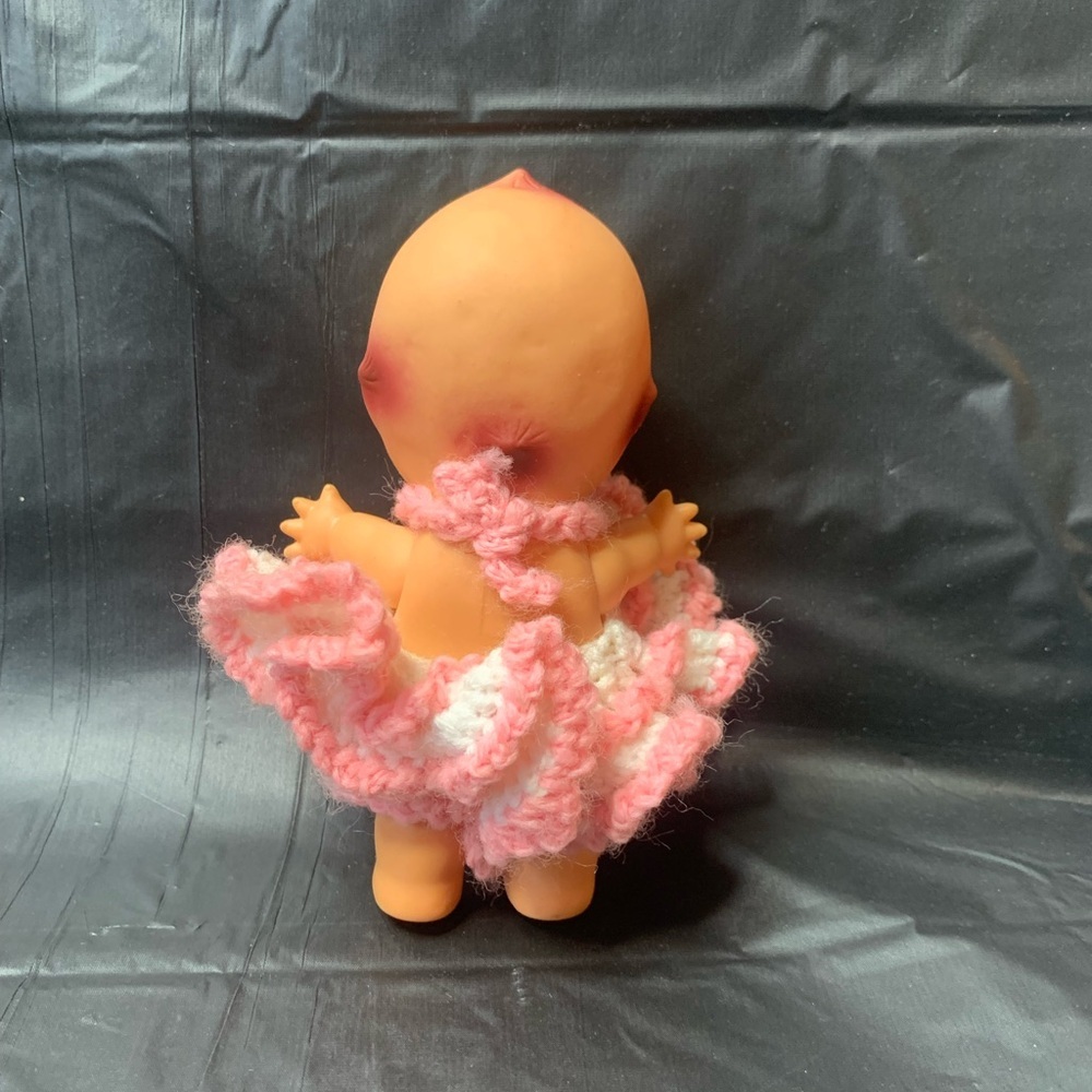 Kewpie Doll Rubber with Crochet knit Dress Pink and White Collectible Vintage - Picture 2 of 9